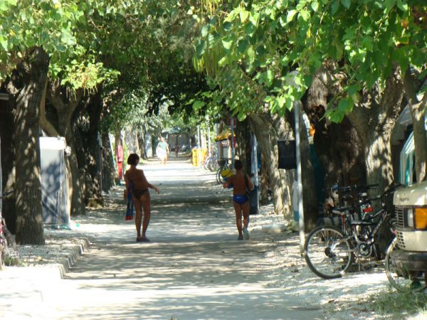 Strada ombreggiata da alberi con persone in costume da bagno che camminano.