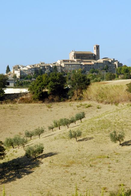 Un borgo collinare con case antiche e una chiesa, circondato da alberi e campi.